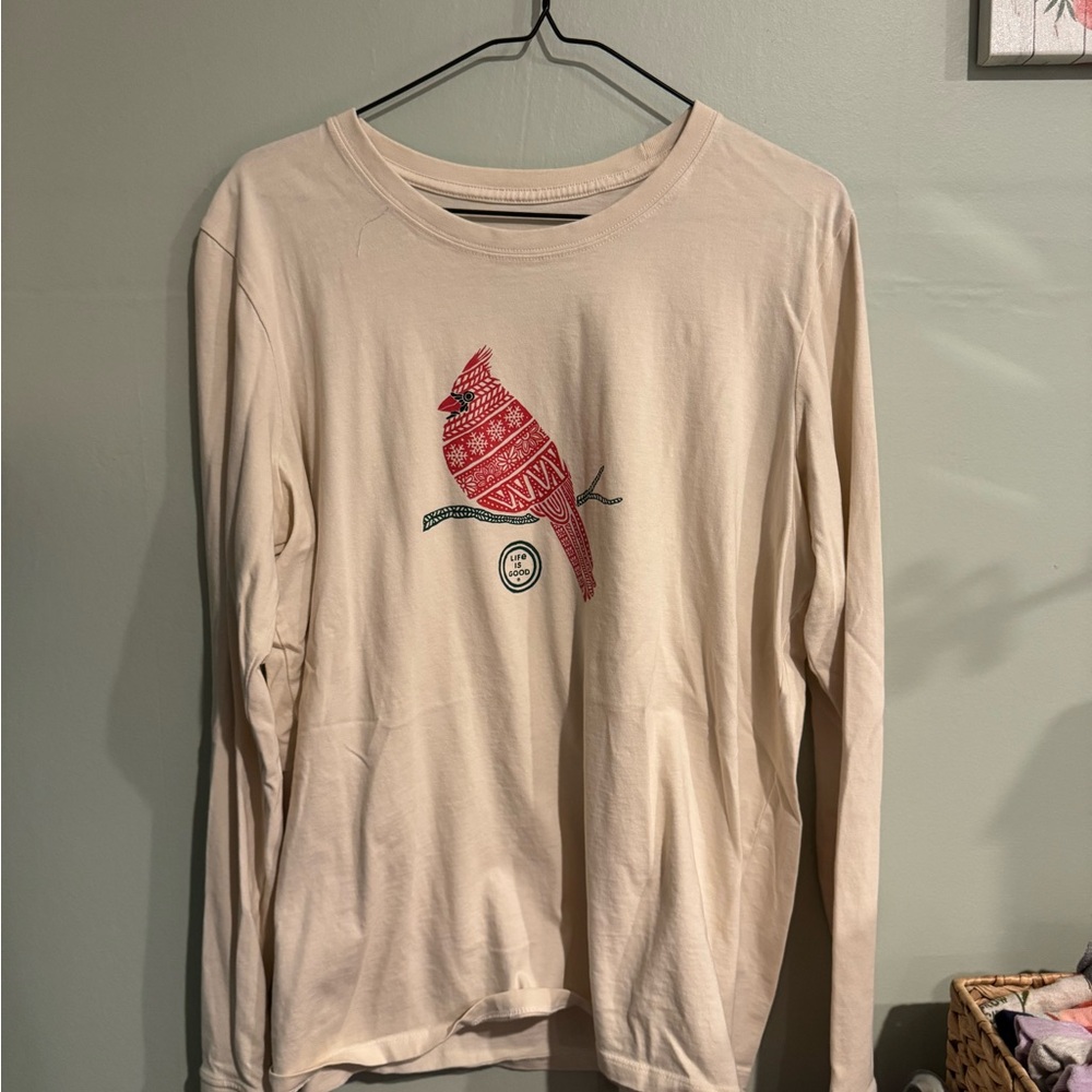 Cream Long Sleeve Shirt with Red Cardinal Design